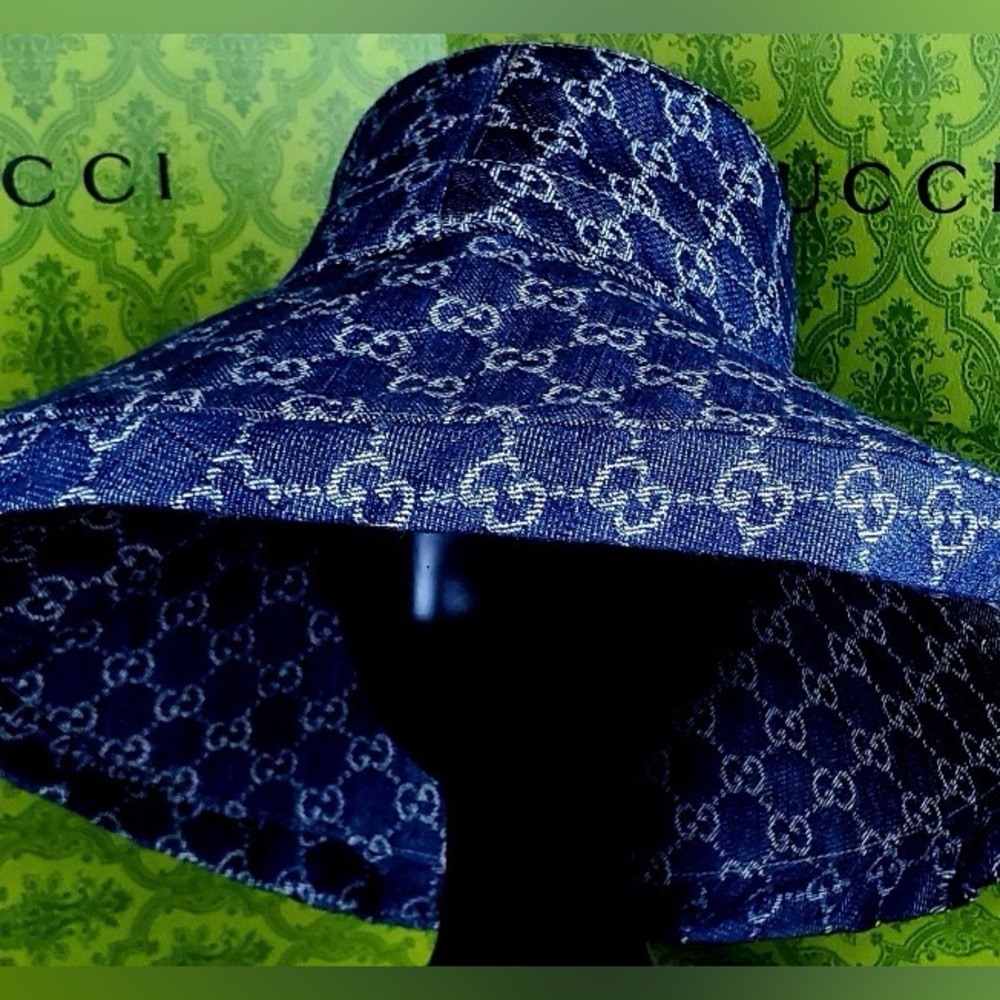 Gucci GG Denim Monogram Bucket Hat Wide Large Brim Navy Blue Jacquard Beach - Picture 2 of 16